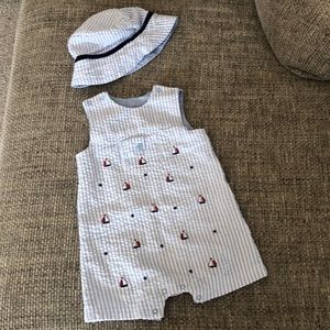 Boys sailboat shortall with matching bucket hat!